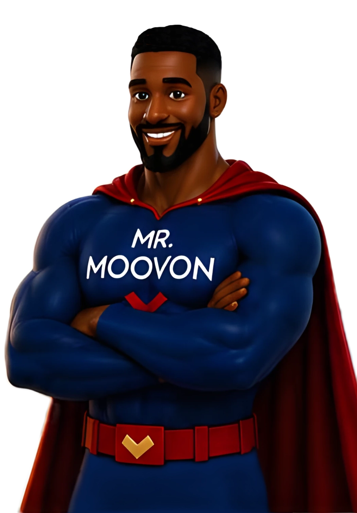 Mr. Moovon standing with arms crossed in front of the Accra skyline and the Independence Arch.