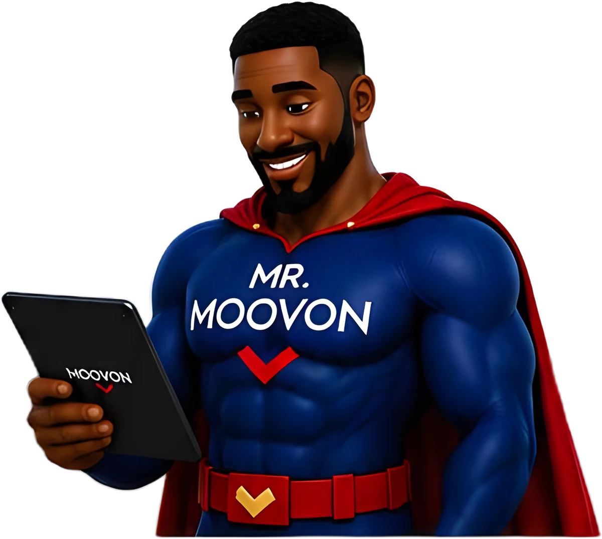Mr. Moovon holding a tablet in front of the Accra skyline.